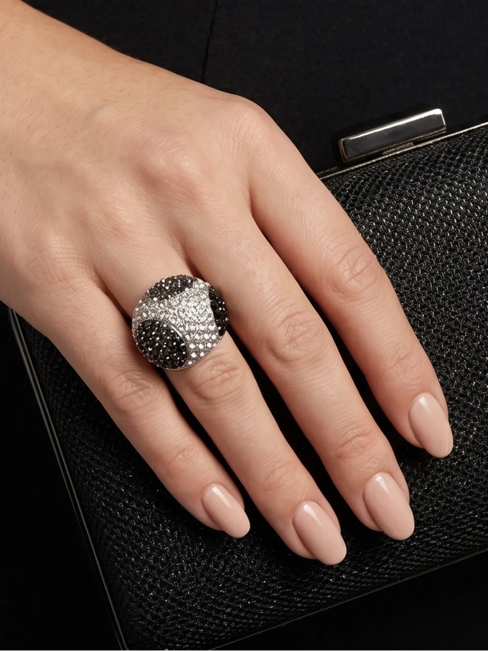 Art Deco Big & Bold Cocktail Dome Ring Black & White CZ’s Size 6 - 7